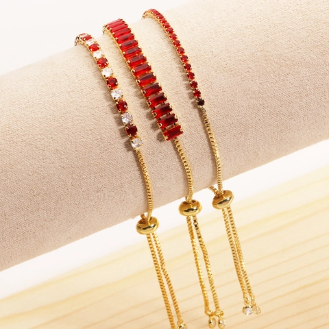 Red White Cubic Zirconia Tennis Bracelet For Women Gold Plated Brass Adjustable Bolo Chain Luxury Flower Jewelry