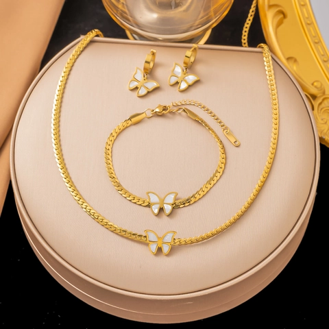 Titanium Steel White Butterfly Jewelry Set For Women Gold Plated Necklace Bracelet Earrings Fashion Butterfly Jewelry