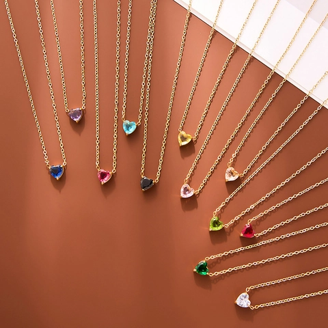 Heart Pendant Necklace Titanium Steel 18K Gold Plated Cubic Zirconia Birthstone Jewelry For Women Elegant Gift