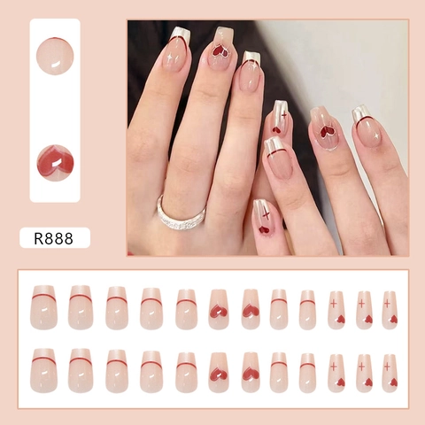 Französischer Stil Künstliche Fingernägel Rotes Herz Minimalistisch Eckig Rund Falsche Nägel Glänzendes ABS Kunststoff