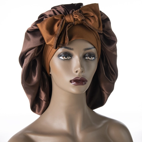 Women Wide Band Elastic Satin Bonnet Sleep Cap Silky Hair Wrap Night Sleeping Hat With Long Ribbon Bow Head Cover