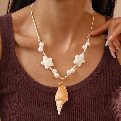 Bohemian Conch Shell Pendant Necklace With Imitation Artificial Pearl And Starfish Beads Summer Beach Ocean Style For Women
