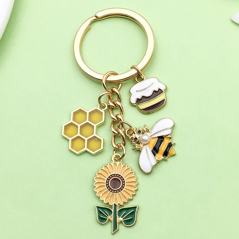 Enamel Bee Sunflower Keychain Alloy Honeycomb Pendant Bag Charm Cute Floral Accessory For Women Girls Gift