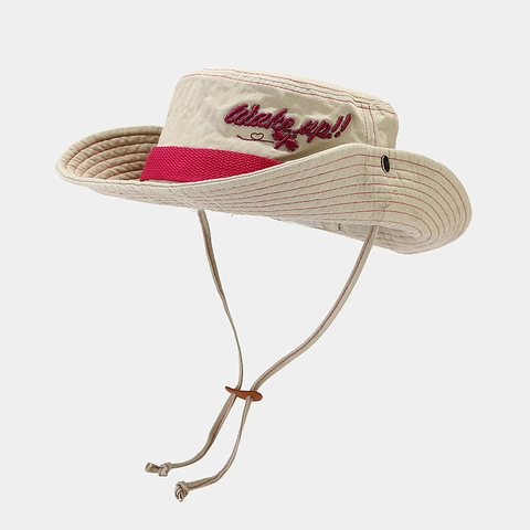 Women Cotton Canvas Bucket Hat Wide Brim Sun Protection Outdoor Hiking Distressed Western Style Embroidery Windproof Drawstring
