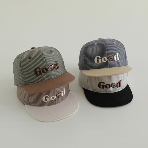 Cappello Baseball Bambini Righe Velluto A Coste Ricamo Orso Visiera Piatta Contrasto Cappello Sole Hip Hop Ragazzi Ragazze