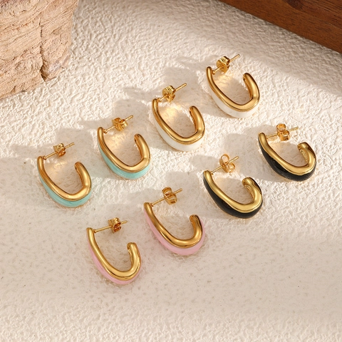 Fashion Colorful Enamel C Shape Earrings For Women 18K Gold Plated Stainless Steel Geometric Water Drop Ear Studs