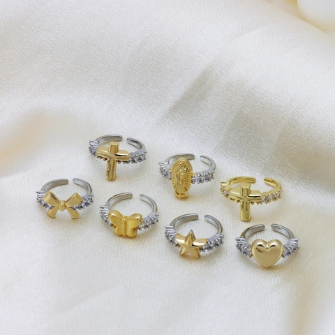 Anillos Abiertos Ajustables Para Mujeres Cobre Chapado En Dos Tonos Circonita Cúbica Cruz Corazón Estrella Mariposa Virgen María Joyería Religiosa