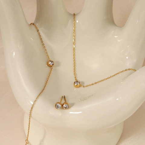 Minimalist Stainless Steel Zircon Necklace Stud Earrings Bracelet Gold Plated Hypoallergenic Women Versatile Jewelry Accessories