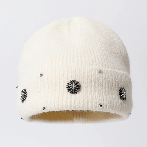 Strickmütze Beanie Verdickt Warm Ohrenschutz Mit Strassblumen Dekoration Winter Elegant Damen