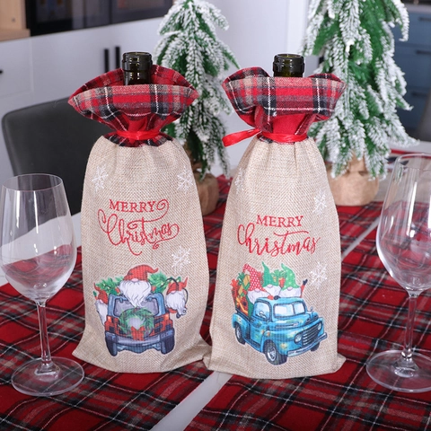 Weinflaschenhülle Weihnachten Sackleinen Geschenkbeutel Blau LKW Zwerg Muster Karo Kordelzug Feiertagstisch Abendessen Deko