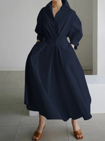 Maxi Shirt Dress Long Sleeve Solid Color Polyester Button Down Lapel With Pockets Casual Cinched Waist For Women