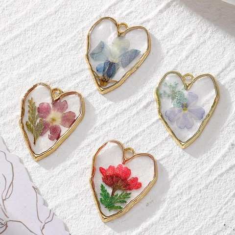 Herzanhänger Legierung Harz Transparent Echt Trockenblumen Glitzer Charms Für DIY Halskette Ohrring Schmuckherstellung