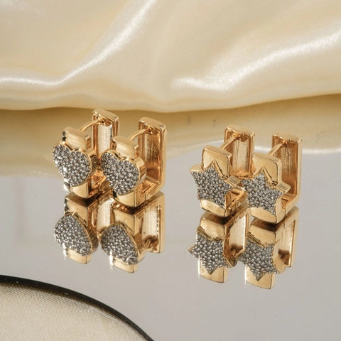 Minimalist Copper Zirconia Heart Star Huggie Hoop Earrings For Women Chic Gold Plated Geometric Dainty Daily Jewelry Accessory