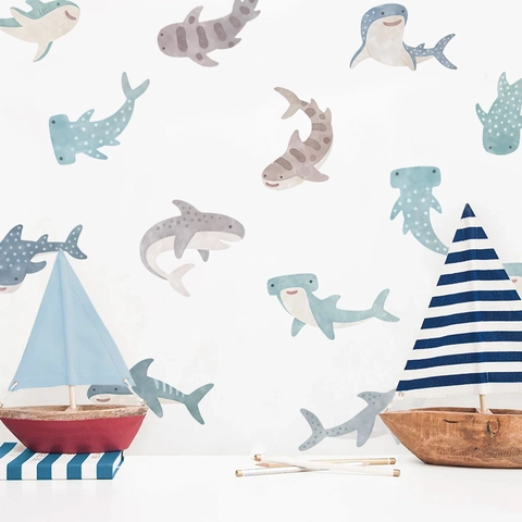 Stickers Muraux Requins Baleines Aquarelle Dessin Animé PVC Autocollant Décoration Thème Océan Pour Chambre Enfant Salle De Bain