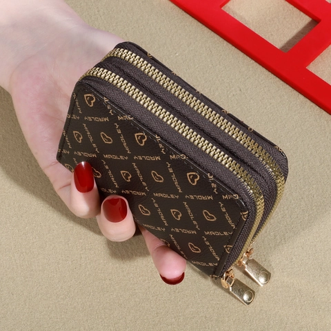 Piccolo Portafoglio Donna Pelle PU Doppia Cerniera Fisarmonica Porta Carte Stampa Cuore Lettera Moda Organizer Monete