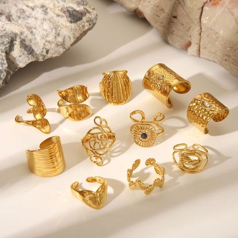 Gold Plated Stainless Steel Rings Adjustable Bohemian Geometric Heart Pattern Vintage Jewelry For Women