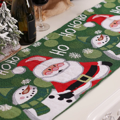 Christmas Table Runner Knitted Jacquard Santa Claus Snowman Pattern Festive Holiday Dining Decor With Tassels