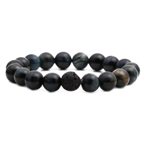 Natural Tiger Eye And Black Lava Stone Beaded Bracelet Elastic String Unisex Energy Healing Jewelry