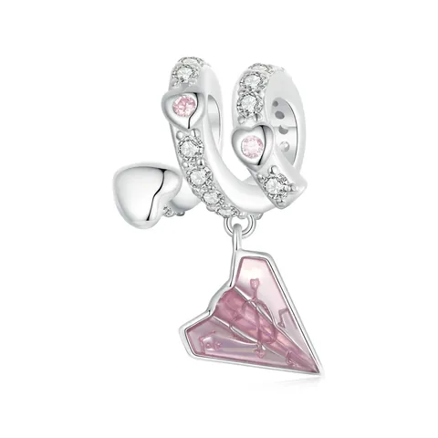 Colgante de Avión de Papel Carta de Amor Corazón de Plata de Ley 925 Esmalte Rosa Circonia para Pulsera DIY Joyería Romántica Regalo