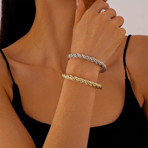 Bracciale Rigido Aperto A Corda Intrecciata Rame Minimalista Retro Metallo Gioielli Di Moda Per Donne