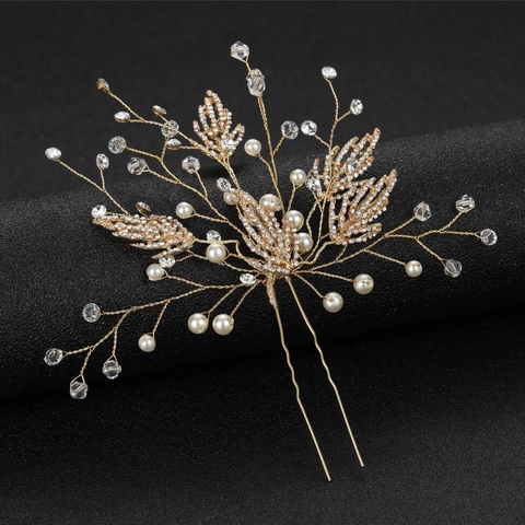 Elegante Forcina Per Capelli Sposa Lega Dorata Foglia Con Perla Artificial D'imitazione Strass Cristallo Matrimonio Per Donne