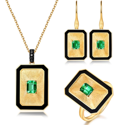 Vintage French Style Jewelry Necklace Earrings And Ring Copper Green Emerald Gemstone Black Enamel Textured Gold For Women