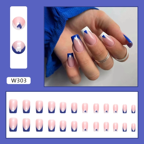 Press-On Nails French Blue White Heart Pattern Square False Nails Elegant Minimalist Manicure For Women