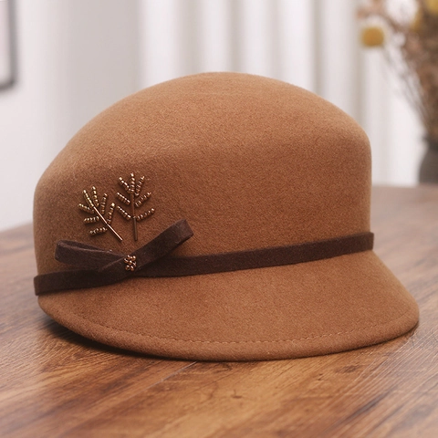 Women Cloche Hat 100% Wool Felt Vintage British Style Round Dome With Bowknot Metal Wheat Decor Winter Elegant Fashion