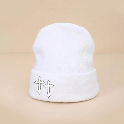 Knitted Beanie Hat Acrylic Warm Cuffed Winter Double Cross Embroidery Gothic Streetwear For Adults