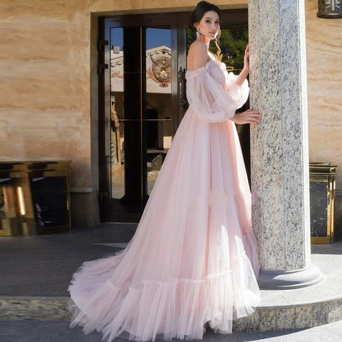 Vestido De Noche Tul Hombros Descubiertos Mangas Abullonadas Elegante Línea A Mujer