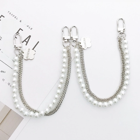 Double Layer Faux Artificial Pearl And Alloy Metal Handheld Chain Strap With Flower Pendant For Bag Phone Case DIY Decoration Women