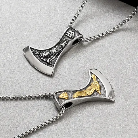 Viking Bijl Hanger Ketting Mannen Roestvrij Staal Retro Noords Wolf Raaf Valknut Symbool Punk Sieraden Met Boxketting