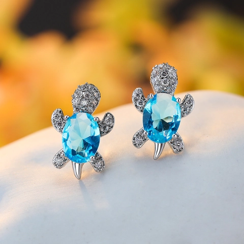 Boucles D'oreilles Tortue Marine Femmes Cuivre Avec Zirconium Opale Synthétique Bijoux 925 Sterling Argent Earring Post