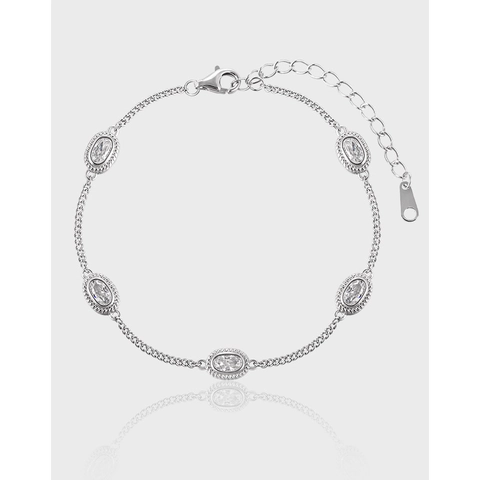 Bracciale Ovale Geometrico in Argento Sterling 925 Con Strass per Donna Retrò Francese Elegante Catena Regolabile Gioielli