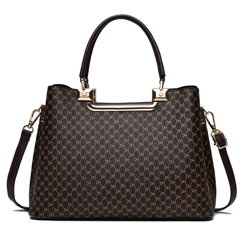 Women Monogram Handbag Retro PU Leather Large Capacity Shoulder Crossbody Bag With Gold Hardware Elegant Vintage