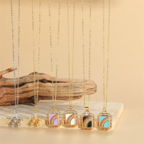 Collar Con Colgante Rectangular De Arcoíris Cobre Con Circonitas De Colores Esmalte Joyería Retro De Lujo Para Mujer