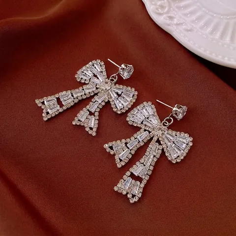 Collar Y Pendientes De Lazo De Lujo Para Mujer Joyas Cobre Circonita Pedrería Con Perno De Plata Chic