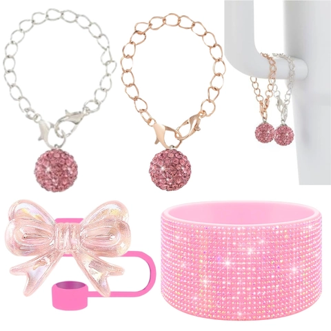 Rhinestone Tumbler Accessories Bling Ball Pendant Chain Bow Silicone Straw Cover Sparkling Sleeve For Water Bottle