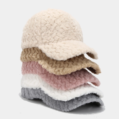 Women Fashion Thickened Warm Baseball Cap Wave Pattern Plush Polyester Winter Outdoor Casual Adjustable Hat Solid Color