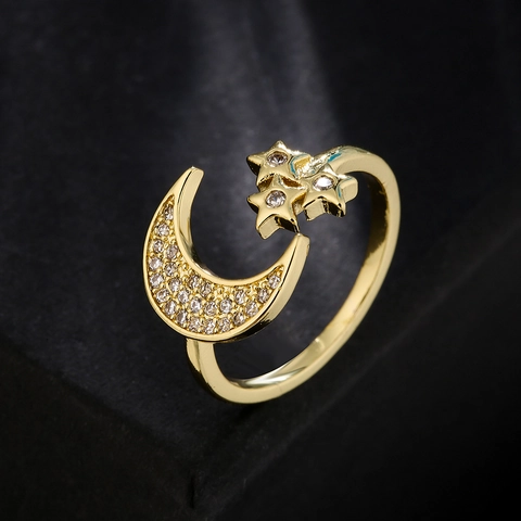 Adjustable Open Ring Copper 18K Gold Plated Zircon Star Moon Geometric Dainty Minimalist Jewelry For Women