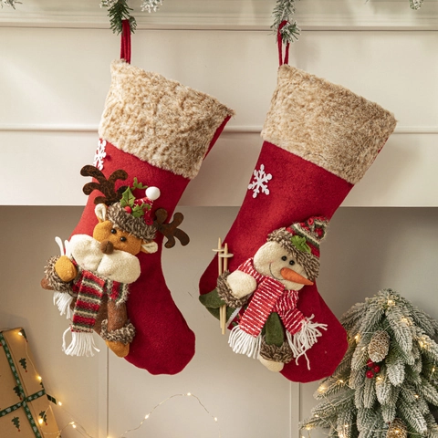 Calza Di Natale Grande Sacco Regalo 3D Cartoni Animati Babbo Natale Pupazzo Di Neve Renna Pelliccia Sintetica Tessuto Quadri Decorazione Camino