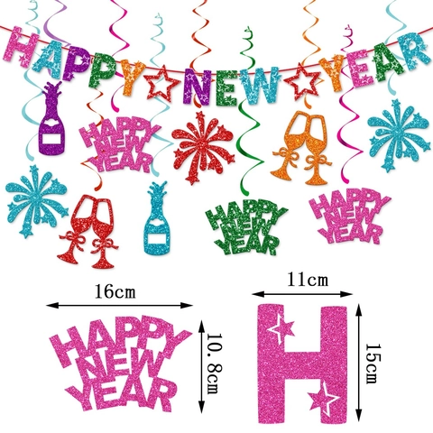 Bannière Happy New Year Et Ornements Suspendus En Spirale Papier Pailleté Pour Décoration De Fête 2026 Coloré