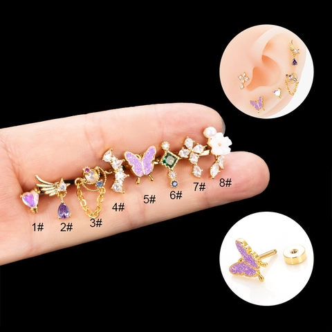 Ear Cartilage Helix Stud Oorbellen Vlinder Hart Kruis Zirkonia Roestvrij Staal Koper Schroefsluiting Piercing Sieraden Dames