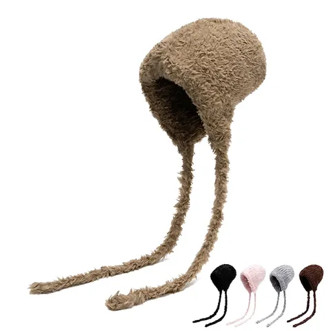 Gorro Beanie De Punto De Peluche Para Mujer Con Orejeras Largas Piel Sintética Cálido Invierno Resistente Al Viento Color Sólido Suave