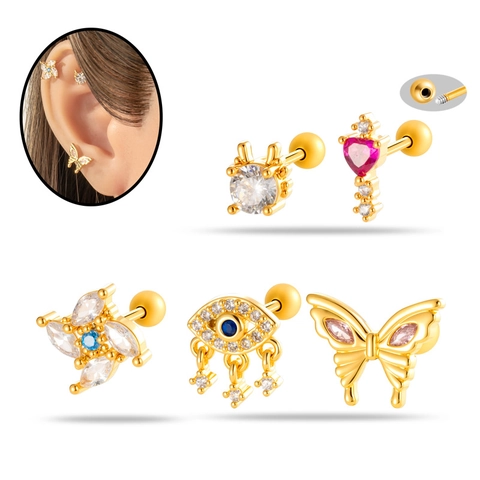Helix Kraakbeen Piercing Studs Titanium Stalen Staaf Koper Zirkoon Vlinder Hart Duivels Oog Vorm Schroefbal Sluiting Sieraden