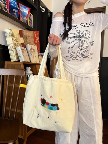 Sac Fourre-Tout En Toile Broderie Chat Chiot Style Coréen Grande Capacité Cordon Coulissant Sac À Épaule Pour Femmes