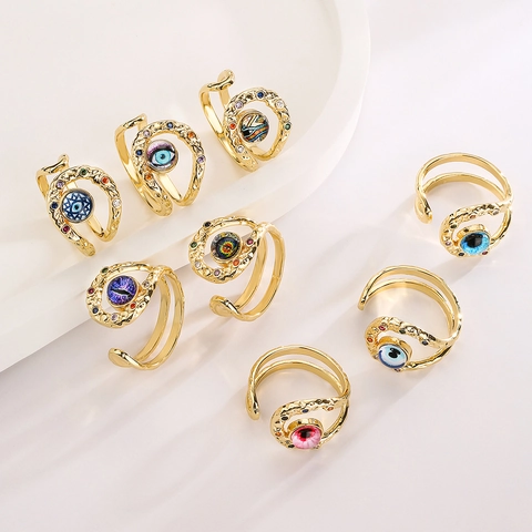 Evil Eye Ring Kupfer Vergoldet Verstellbar Böhmischer Stil Bunter Strass Fingerschmuck Für Damen