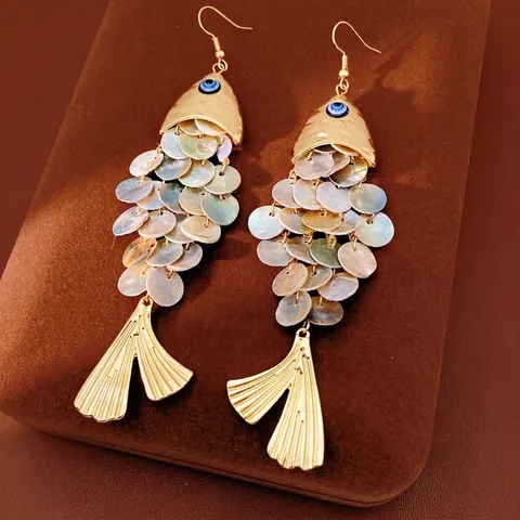 Pendientes Colgantes De Pez Vintage Con Escamas De Concha Natural Cuenta De Mal De Ojo Y Poste De Plata Para Mujer