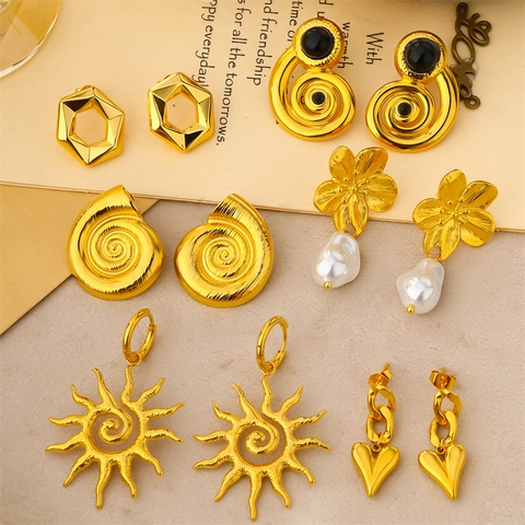 Alloy Earrings For Women Retro Geometric Heart Sun Flower Faux Artificial Pearl Gold Plated Elegant Fashion Jewelry Accessories