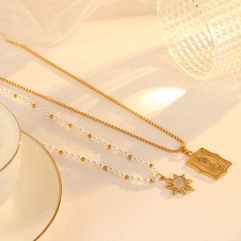 Stainless Steel Necklace Gold Plated Eight Pointed Star Faux Artificial Pearl Pendant Virgin Mary Relief Square Plate Vintage Jewelry